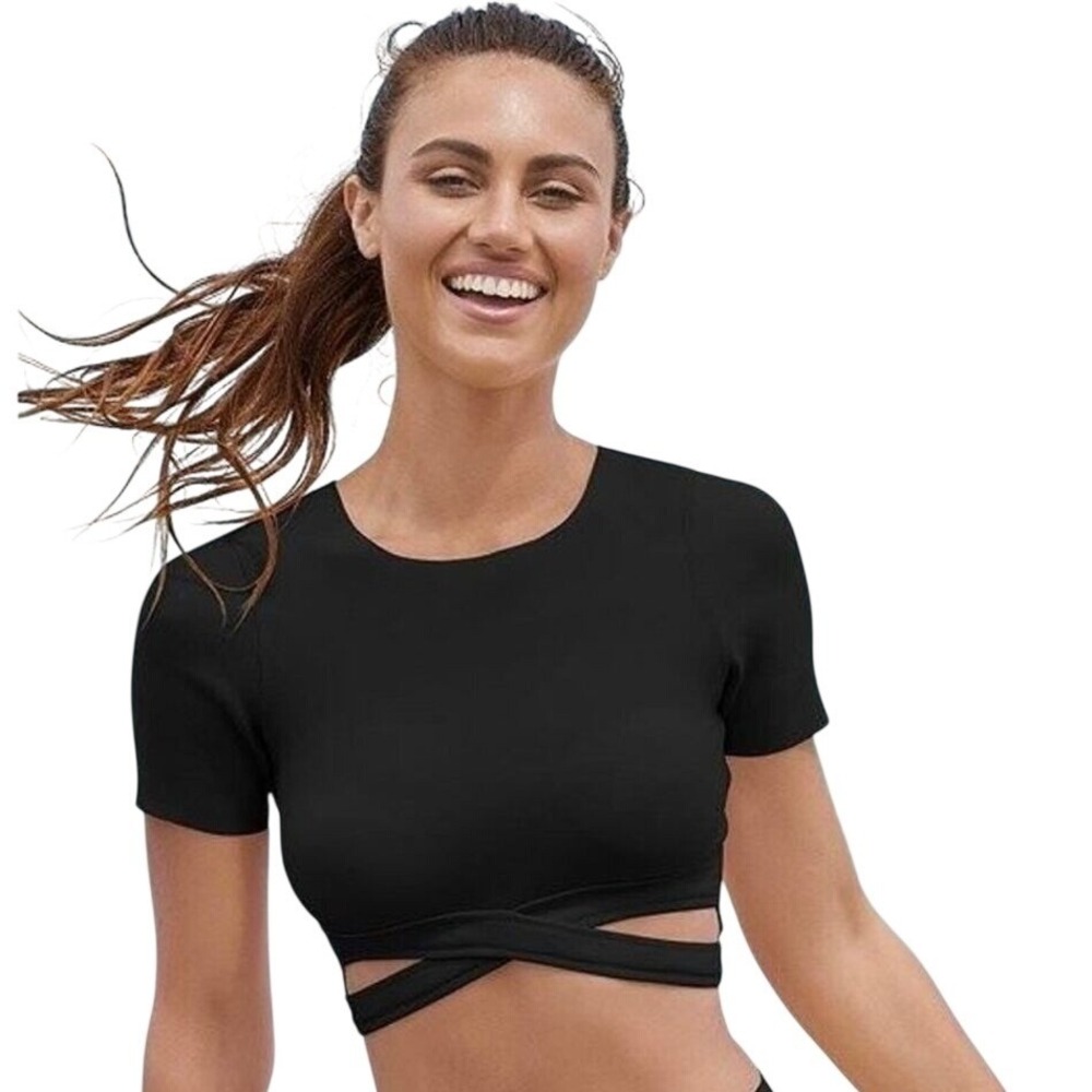 Venus Black Wrap Front Laser Cut Out Short Sleeve Crop Top Athletic Shirt Size 8